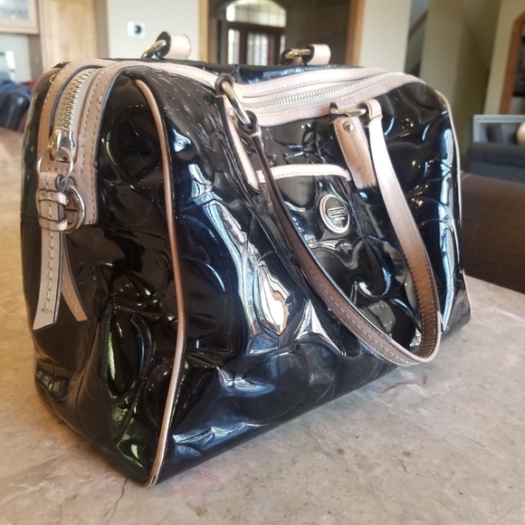 Large Black and Cream Patent Leather Coach Purse - Picture 2 of 4